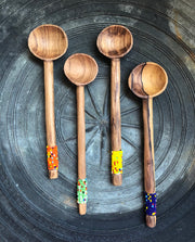 HAND CARVED + BEADED OLIVE WOOD SPOON